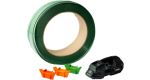 Total Package Solution: green PET strapping reel, orange and green Drumclips and a battery-powered strapping tool