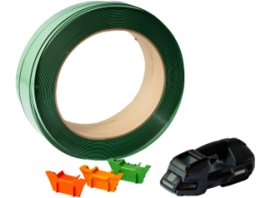 The Total Package: green PET strapping reel, orange and green Drumclips and a battery-powered strapping tool